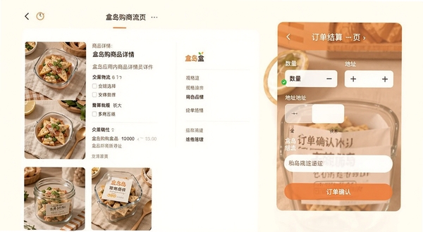 �е�Ӧ������Ʒ����ҳ�붩��ȷ��ҳ�Ľ���չʾͼ���������Ϊ��Ʒͼ�����飬�Ҳ�Ϊ����������壬�������ѡ�������Ӽ����ַ��������Ϊů��ɫ�������岼�����࣬ͻ���е��������̵ı����