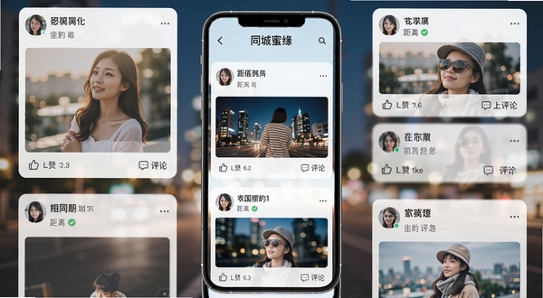 同城蜜缘动态广场界面展示,手机屏幕中排列着同城用户发布的图文动态卡片,每张卡片带有头像、昵称、距离标签与点赞评论按钮,背景为柔和的城市夜景虚化效果,整体色调清新明亮