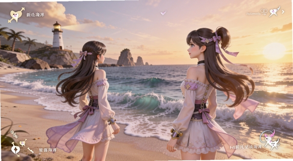无限暖暖新版本星落海滩场景,暖暖站在沙滩上眺望海面,远处有礁石与灯塔,天空呈黄昏暖色调,海浪细节清晰,人物服装飘逸,横版宽幅构图