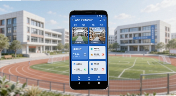 山东移动智慧云眼软件主界面展示,画面中央是一部竖屏安卓手机,手机屏幕上显示蓝色调的智慧校园管理首页,包含实时视频、录像回放、消息通知等卡片模块,背景为虚化的现代化校园教学楼与操场,整体风格简洁明亮,科技感与教育场景融合,高清细节,柔和光线