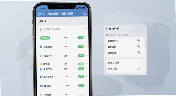 山东移动智慧云眼设备管理与权限设置界面,手机屏幕展示设备列表与权限分配面板,包含在线状态标签、角色权限勾选项,界面风格专业简洁,背景为浅灰蓝色渐变,突出管理工具属性