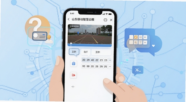 山东移动智慧云眼用户问答场景插画,手机屏幕上显示回放时间轴与日期选择面板,旁边有问号与对话气泡元素,背景为浅蓝色科技纹理,整体风格扁平化,突出解答与指引的氛围
