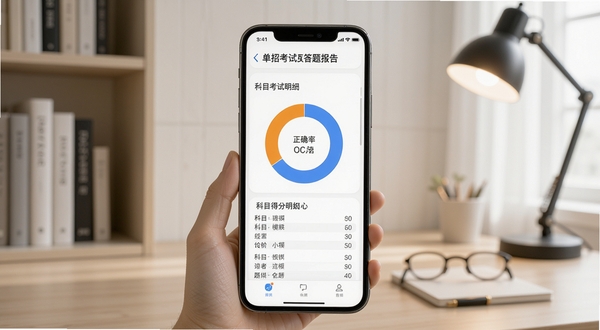 单招考试题库模拟考试答题报告页面,手机屏幕显示正确率环形图和各科目得分明细,背景为简约的书房环境,光线柔和