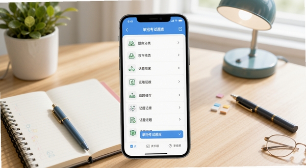 单招考试题库软件主界面展示,画面中央为手机屏幕呈现题库分类列表与做题界面,背景为书桌场景,桌上摆放笔记本和文具,整体色调清新明亮,突出备考学习氛围