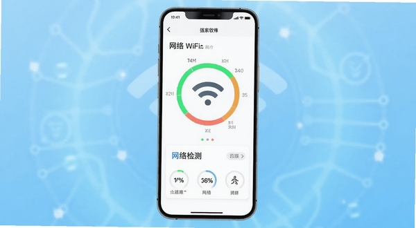 手机WiFi管家软件主界面全貌展示,画面中央为手机屏幕,屏幕内呈现WiFi信号强度环形图与网络检测模块,背景区域为浅蓝色渐变科技感虚化光晕,整体风格清爽简洁,适配Boogu模型生成