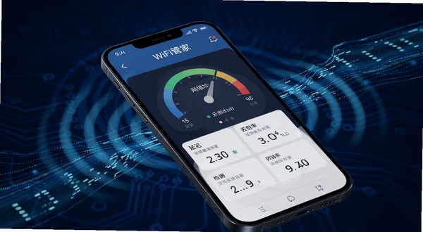 手机WiFi管家网络诊断功能界面,手机屏幕显示延迟、丢包率等检测数据仪表盘,周围环绕WiFi信号波纹与数据流动线条,背景为深蓝色科技氛围,画面细节清晰,适配Boogu模型生成