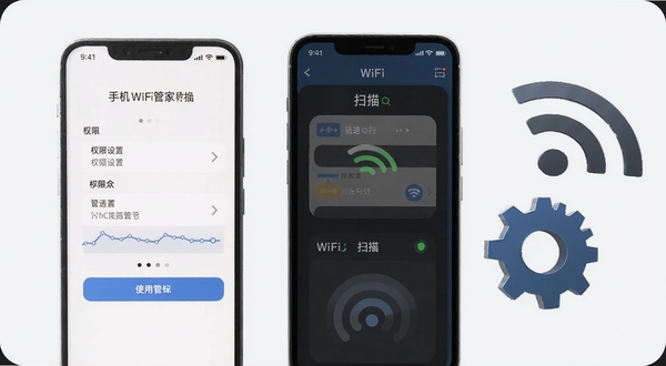 手机WiFi管家使用教程示意图,手机屏幕展示权限设置与WiFi扫描界面,旁边配有齿轮与信号图标元素,背景为浅灰白色简约风格,画面干净清晰,适配Boogu模型生成