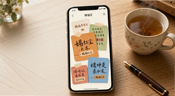 赐福红尘应用内页展示,多张彩色心愿卡片在手机屏幕中错落排布,卡片上有手写风格的文字与标签,背景为淡雅米白色,桌面上放着一杯热茶与一支笔,营造安静记录的生活氛围