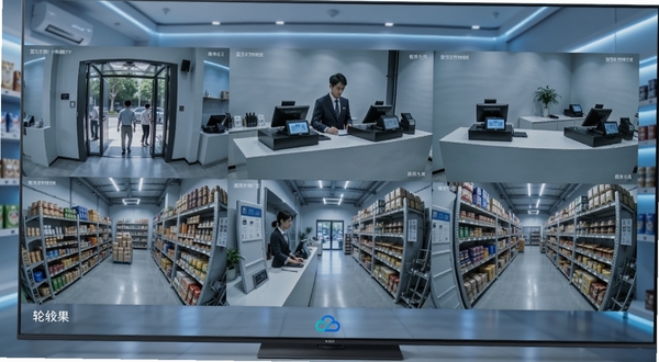 萤石云视频TV多画面监控轮播效果,电视大屏上显示六宫格摄像头实时画面,包括门口、收银台、仓库等场景,画面主体居中,背景为现代简约商铺环境,冷色调灯光,科技感氛围,写实风格