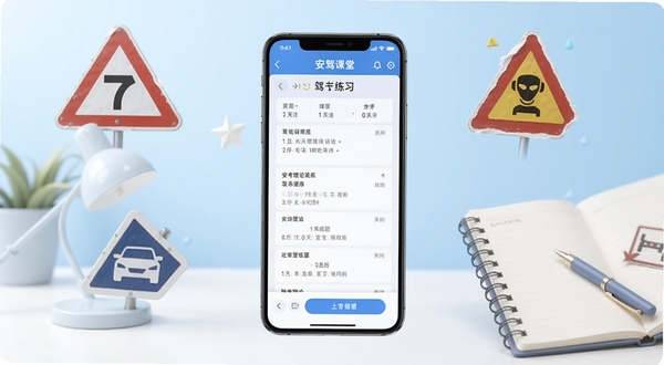 安驾课堂手机应用界面展示,画面中央是一台竖屏智能手机,屏幕显示驾考理论题库练习页面,背景为浅蓝色渐变学习场景,周围环绕交通标志图标与笔记本元素,整体风格清新简洁,适配Boogu模型生成