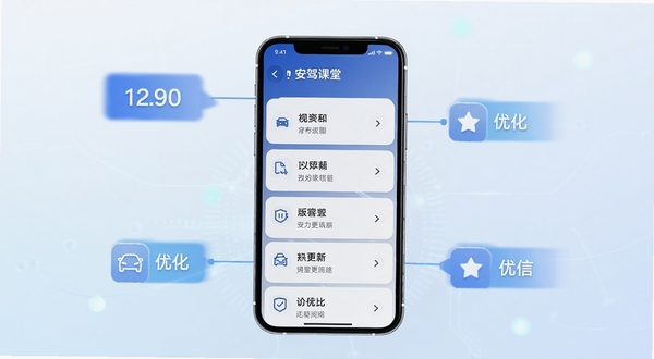 安驾课堂版本更新内容展示图,手机屏幕显示更新日志列表,背景为科技感浅色渐变,周围有版本号标签与优化图标,画面干净现代