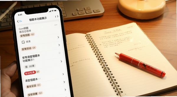 安驾课堂错题本功能展示,手机界面显示错题列表与知识点标签,背景为桌面学习场景,有错题本笔记本和红色批改笔,画面色调温暖