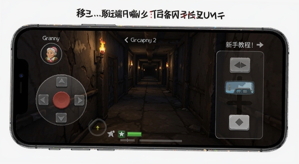 Granny 2 Redone 移动端虚拟按键布局示意,手机横屏画面中显示左侧摇杆与右侧视角滑动区,背景为游戏内昏暗走廊,界面元素清晰,适合新手教程配图