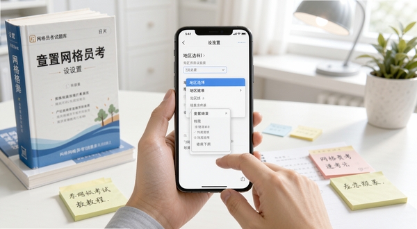 网格员考试题库移动端使用教程示意图,画面展示手持手机进行操作,屏幕显示设置页面与地区选择菜单,背景为明亮室内学习角,桌面上摆放网格员考试教材与便签纸,风格写实清晰
