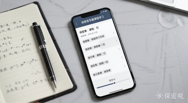保密观专题课程学习界面,手机屏幕显示课程章节列表与进度条,画面一侧有翻开的笔记本和签字笔,背景为浅灰色办公桌面,整体色调沉稳,突出学习氛围,软件名称保密观以水印形式出现在画面右下角