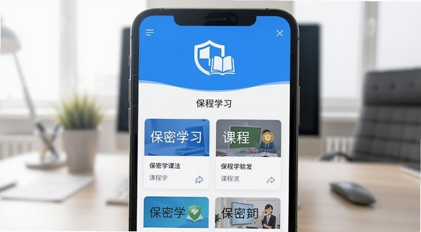 保密观软件启动界面展示,画面中央为手机屏幕特写,屏幕内呈现蓝白色调的保密学习类应用首页,顶部有盾牌与书籍组合图标,中部为课程卡片列表,背景为虚化的办公桌面环境,整体风格简洁专业,光线明亮柔和