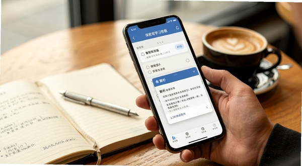 保密观手机端学习答题场景,一只手握持手机,屏幕显示选择题答题界面与解析弹窗,背景为咖啡厅桌面,有笔记本和咖啡杯,画面色调温暖,突出移动学习的便捷感