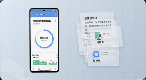 整体画面呈现代简约风格,中央偏左位置放置一部竖屏安卓手机,屏幕内清晰展示保险高管考试聚题库的刷题界面与进度环,右侧区域以半透明卡片层叠呈现法规条文、错题本和模拟卷图标,背景为柔和的浅蓝灰渐变,加入细微网格纹理增强科技感,整体色调干净专业,适配Boogu模型生成