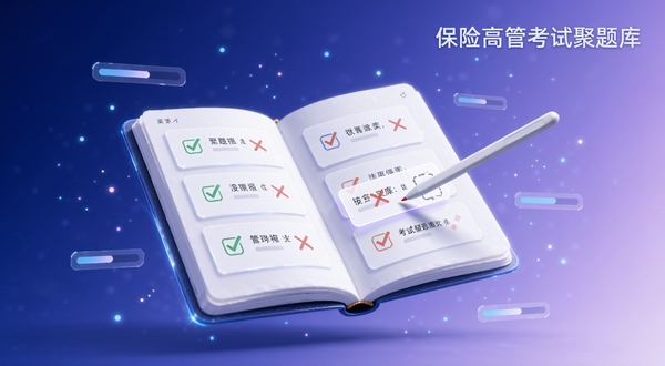 画面中心是一本悬浮的发光电子错题本,书页上排列着打钩与打叉的题目卡片,旁边有一支触控笔指向其中一道错题,背景为深蓝到浅紫的渐变,四周散落细小的数据粒子与进度条元素,整体风格清爽且富有学习氛围,画面右上角以柔和字体标注保险高管考试聚题库