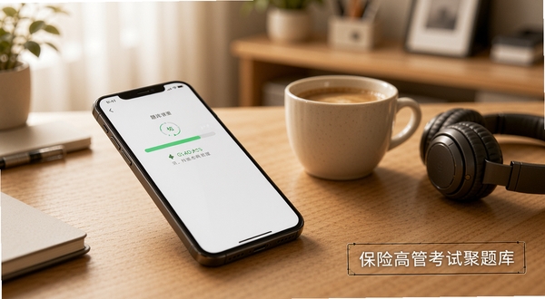 一部手机斜放在木质桌面上,屏幕显示题库加载进度条与网络状态提示,旁边放着一杯咖啡和一副耳机,背景为虚化的居家办公场景,光线柔和温暖,画面右下角以细线框标注保险高管考试聚题库,整体传递轻松备考的氛围