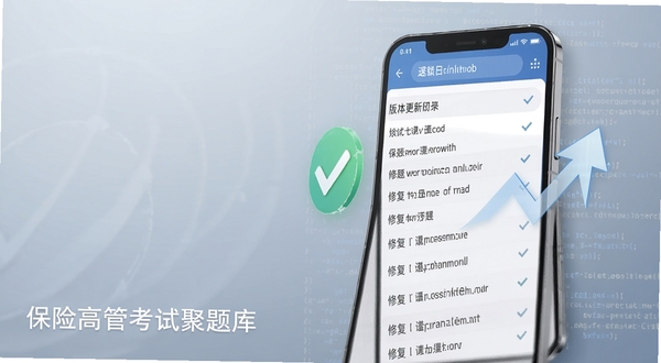 一部手机屏幕显示版本更新日志列表,旁边悬浮着打钩的修复图标与上升箭头,背景为浅灰蓝渐变并带有细密的代码纹理,画面左下角以简洁字体标注保险高管考试聚题库,整体传达迭代升级的可靠感