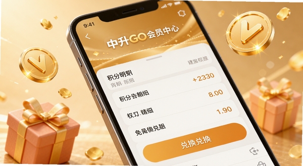 中升GO会员中心界面特写,手机屏幕显示积分明细列表与兑换按钮,周围环绕金色积分图标与礼盒元素,背景为柔和暖色调,体现权益与回馈氛围,画面细节清晰