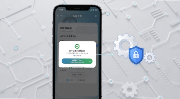 中升GO安装与权限设置示意画面,手机屏幕显示权限授权弹窗与存储空间提示,旁边配齿轮与盾牌图标,背景为浅灰科技纹理,风格简洁说明性强