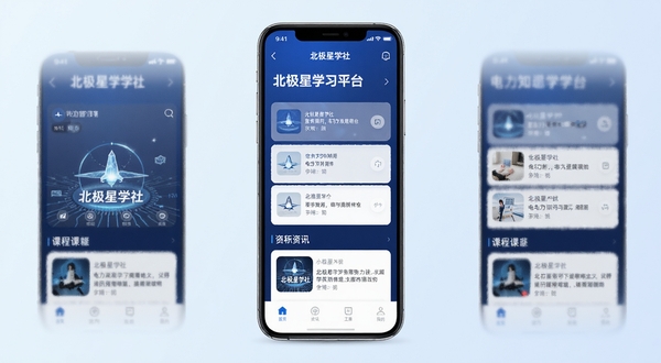 北极星学社 电力知识学习平台 手机App界面 蓝色科技感 课程列表与资讯卡片 居中构图 浅色渐变背景 高清UI展示图