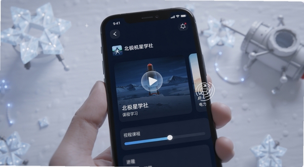 北极星学社 课程学习页面 手机屏幕特写 视频课程卡片与进度条 电力工程元素点缀 柔和光效 简洁现代风格