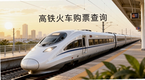 画面主体为一列白色高铁列车从画面左下方斜向驶向右上方,车身线条流畅、车头灯明亮,背景为清晨淡金色天空与模糊的城市天际线,前景点缀少量绿植与站台元素,整体色调清新明亮,构图开阔有纵深感,画面中央偏上位置以简洁字体呈现“高铁火车购票查询”字样,风格为写实摄影与轻插画结合,适配Boogu模型生成