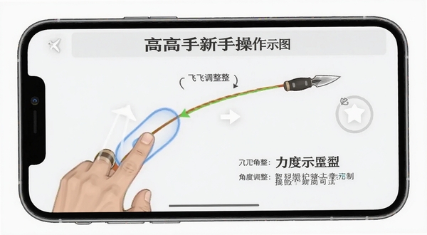 飞刀高高手新手操作示意图,手机屏幕中显示手指滑动轨迹与飞刀飞行路线,旁边标注角度调整与力度控制要点,背景为简洁的浅色教学界面,风格清晰直观