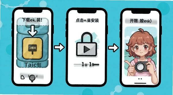 果冻女孩手机安装步骤示意图,展示下载安装包、开启权限、点击安装的流程画面,简洁教程风格
