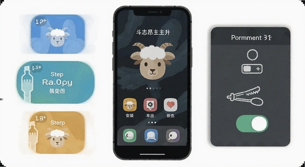 一部智能手机屏幕显示斗志昂羊主界面,旁边配有安装步骤图标与权限开关示意,画面采用扁平化信息图风格,色调清爽,突出新手安装引导主题,细节清晰