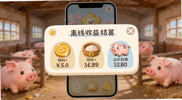 手机屏幕显示元宝养猪场离线收益结算弹窗,弹窗内用图标和数字展示金币、饲料、出栏生猪三项收益,背景是模糊处理的猪舍场景,界面风格圆润可爱