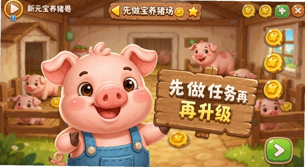 元宝养猪场新手引导界面截图风格插画,画面中一只卡通小猪举着提示牌,牌上写着“先做任务再升级”,背景是游戏主界面的猪舍和金币图标,整体氛围轻松活泼
