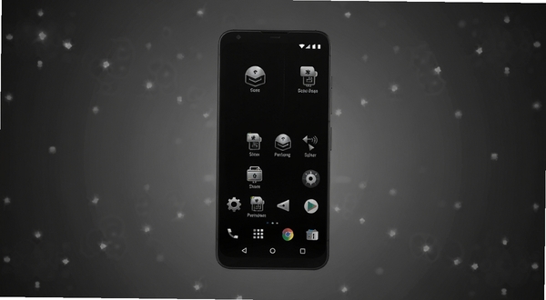 Black Android 深色主题手机界面展示,居中放置一部竖屏安卓手机,屏幕显示纯黑背景搭配银灰色图标与白色文字,背景为深灰色渐变空间,四周散落微弱光晕,整体风格简洁科技感,适配 Boogu 模型生成