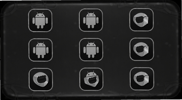 Black Android 图标包适配效果图,画面中央排列九宫格应用图标,全部采用深黑底色与银灰线条风格,背景为磨砂黑色质感面板,边缘有柔和反光,细节清晰,适配 Boogu 模型生成