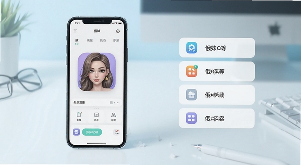 俄妹软件主界面全貌展示,手机屏幕居中放置于画面中央偏左位置,背景为浅色渐变桌面环境,画面右侧展示简洁功能图标列表,整体风格清爽明亮,突出俄妹应用图标与界面布局细节