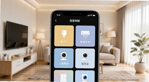 视家物联APP首页控制面板展示图,画面中央为手机屏幕特写,屏幕内呈现智能家居设备卡片式布局,包含客厅灯、卧室空调、门口摄像头等图标,背景为温馨的现代客厅环境,浅色调,扁平化UI风格,高清细节,适合软件下载站展示