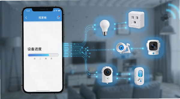 视家物联多设备接入示意图,画面左侧为手机界面显示设备添加进度条,右侧漂浮着灯泡、插座、摄像头、温湿度传感器等智能设备图标,用连线汇聚到手机屏幕,科技感蓝色调,简洁商务风格