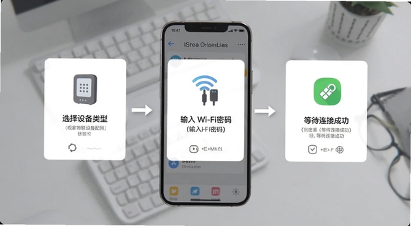 视家物联设备配网操作步骤示意图,画面展示手机屏幕分步引导界面,包含选择设备类型、输入Wi-Fi密码、等待连接成功三个步骤卡片,背景为浅灰色桌面,图标清晰,教程风格