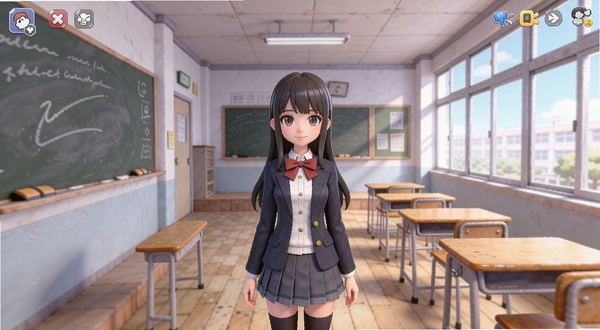 少女模拟器游戏主界面全景展示,卡通风格校园场景,画面中央是身穿校服的少女角色站立在教室走廊,背景包含黑板、课桌与窗户,色彩明亮柔和,适合手机游戏宣传图