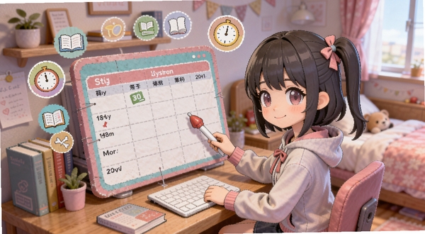 少女模拟器日程安排界面,卡通少女坐在书桌前规划时间表,周围漂浮着课程图标与时钟元素,背景为温馨卧室,画面风格清新可爱