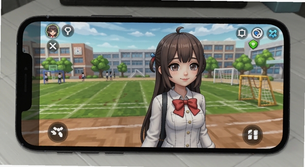 少女模拟器安卓手机运行画面,卡通少女在校园操场散步,手机屏幕外框展示,背景为简洁桌面,突出移动端游玩场景