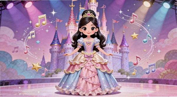 ������װ���λþ��������廭�棬������һλ������������ȹ�Ŀ�ͨŮ��վ����ҫ��̨�ϣ��������λóǱ����ɫ�ƹ⣬����Ư��������������װ�Σ�����������У���������Ϊ��͵ķ���ɫ������̨�ռ䣬��������������