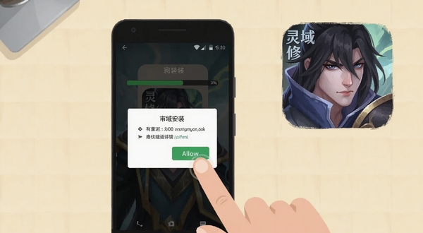 灵域修仙手机端安装界面示意图,画面主体坐标位于中央偏左,展示安卓手机屏幕上的安装进度条与权限弹窗,背景区域为简洁的浅色桌面环境,细节包括手指点击允许按钮的动作与游戏图标,风格为扁平化UI演示图