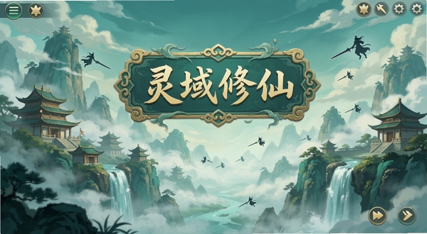 一幅东方仙侠风格的手机游戏主界面全景图,画面中央漂浮着灵域修仙四个字的牌匾,主体坐标位于画面正中心偏上,背景区域为云雾缭绕的仙山楼阁与飞瀑流泉,远处有御剑飞行的修士剪影,整体色调以青绿与淡金为主,适配Boogu模型生成