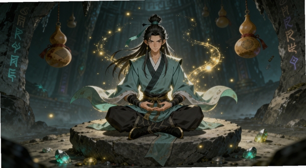 一位身着青衫的修士盘坐于灵域修仙的洞府石台之上,周身环绕金色灵气光点,画面主体坐标位于中央,背景区域为幽深洞府与悬浮的丹药葫芦,细节包括石壁上的符文纹路与地面散落的灵石,画风为细腻国风插画