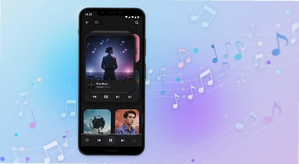 Pixel Music安卓音乐播放器主界面展示,深色主题搭配圆角专辑封面卡片,手机居中放置于画面中央偏左位置,背景为柔和的蓝紫渐变光晕与飘浮的音符粒子,整体风格简洁现代,横版构图