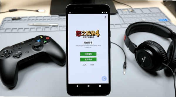 怒之铁拳4原版安装器功能展示图,画面主体为一部安卓手机屏幕显示权限开启引导界面,背景区域为简洁的浅灰色工作台面,旁边放置手柄与耳机,画面风格清爽明亮,突出工具的操作引导属性